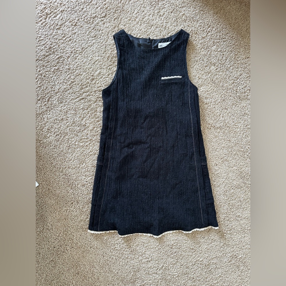 Zara Black Textured Dress with Cream Detail. Size 11/12